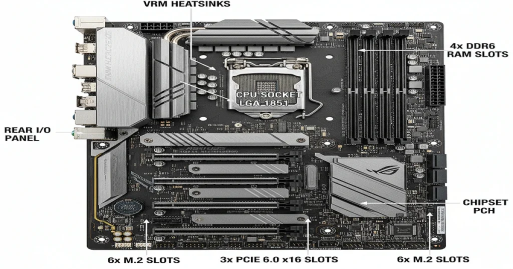 A close-up diagram of a future high-end ASUS ROG Z890 motherboard, detailing the placement of key components like the CPU socket, VRM heatsinks, DDR6 RAM slots, and PCIe 6.0 expansion slots.