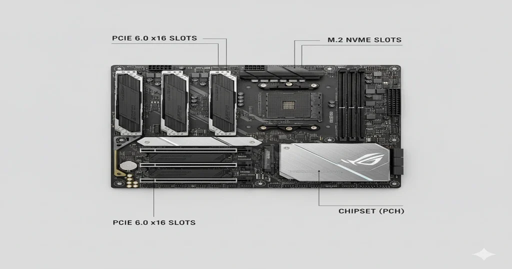 An intricate cross-section revealing the multi-layered construction of a modern motherboard, showcasing the embedded copper traces, fiberglass dielectric, and component layers that enable high-speed data transfer.