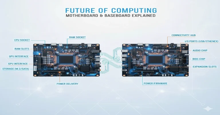 Feature image showing motherboard and baseboard comparison for educational blog