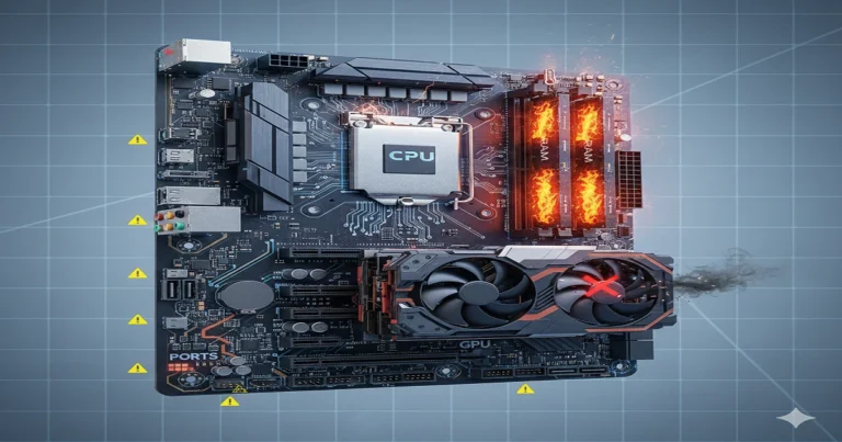 Illustration of a computer motherboard showing CPU, RAM, GPU, and ports with visual indicators of common problems like overheating, sparks, and USB or BIOS errors for troubleshooting and solutions.