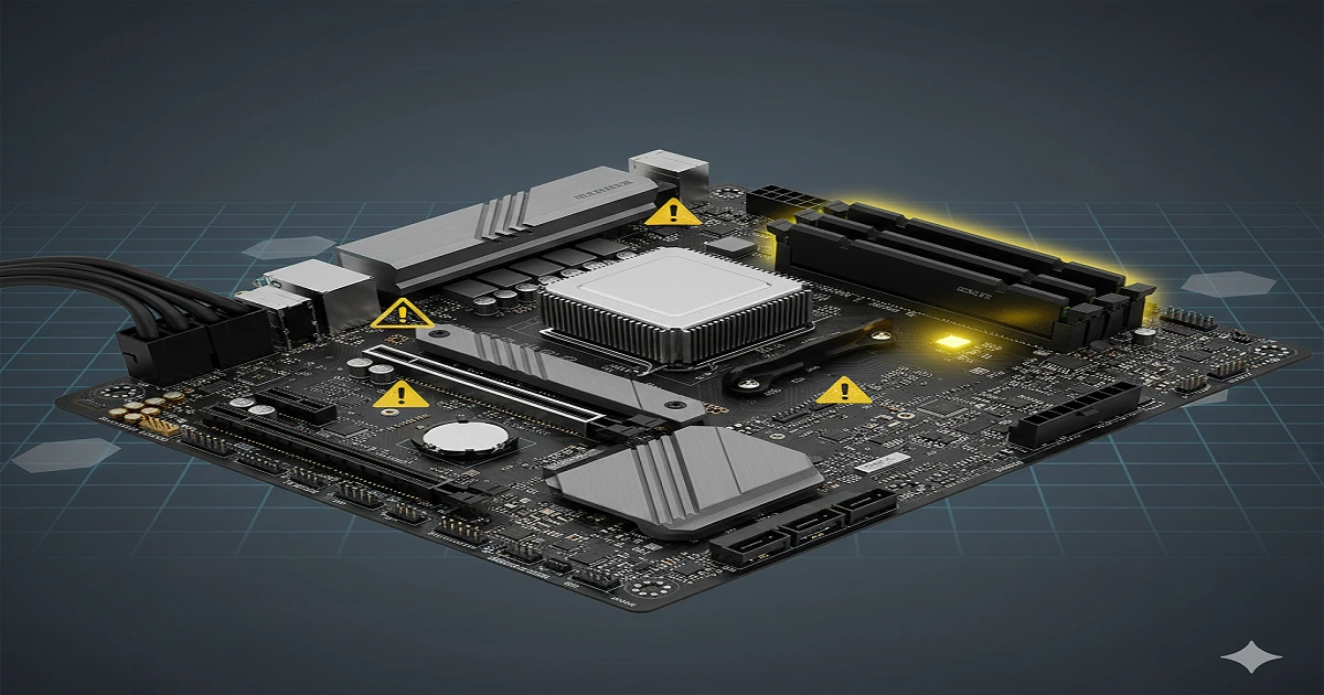 implified diagram-style motherboard with yellow warning areas highlighted.